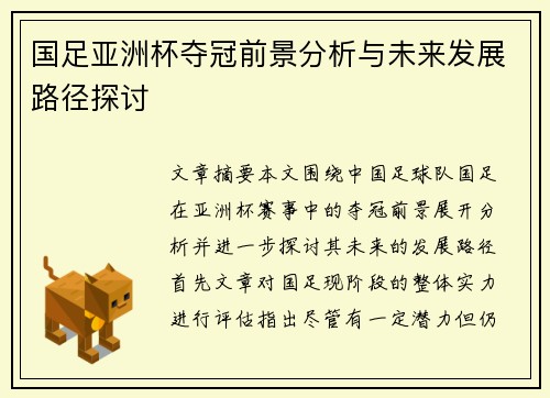 国足亚洲杯夺冠前景分析与未来发展路径探讨